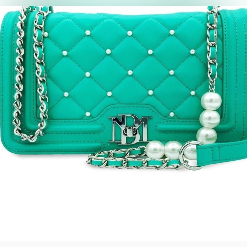 Badgley Mischka Quilted‎ Vegan Leather Handbag Blue Green Pearl Chain Accent NWT